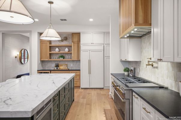 Interior, Kitchen, Pendant Lights, Recessed Lighting, Wood Texture Flooring