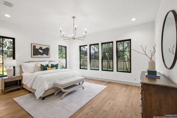 Bedroom, Chandelier, Interior, Recessed Lighting, Wood Texture Flooring