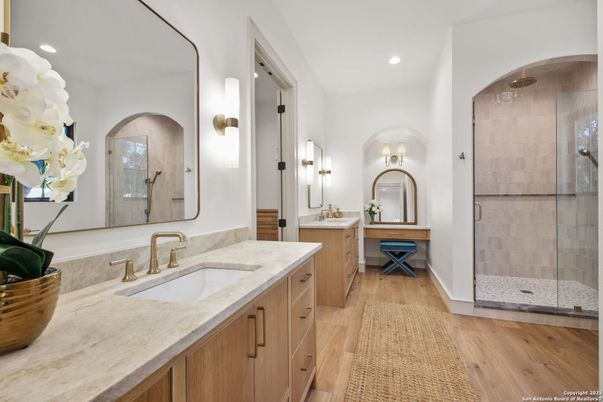Bathroom, Glass Shower, Interior, Recessed Lighting, Wood Texture Flooring