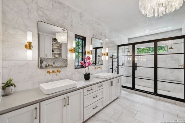 Bathroom, Chandelier, Dual Sink Vanities, Glass Shower, Interior, Marble, Marble Walls, Recessed Lighting