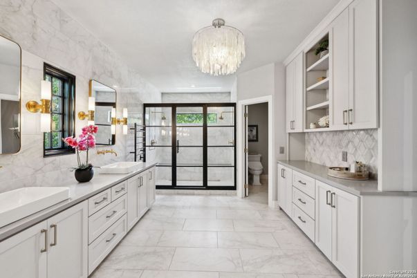Bathroom, Chandelier, Dual Sink Vanities, Glass Shower, Interior, Marble, Recessed Lighting