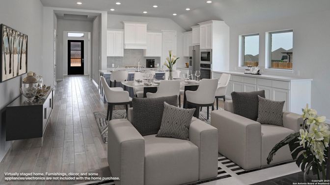 Dining room, Interior, Kitchen, Living room, Recessed Lighting, Stainless Steel Appliances, Wood Texture Flooring