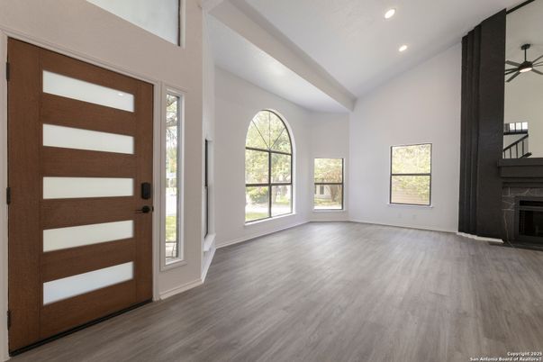 Empty room, Fireplace, Interior, Recessed Lighting, Wood Texture Flooring