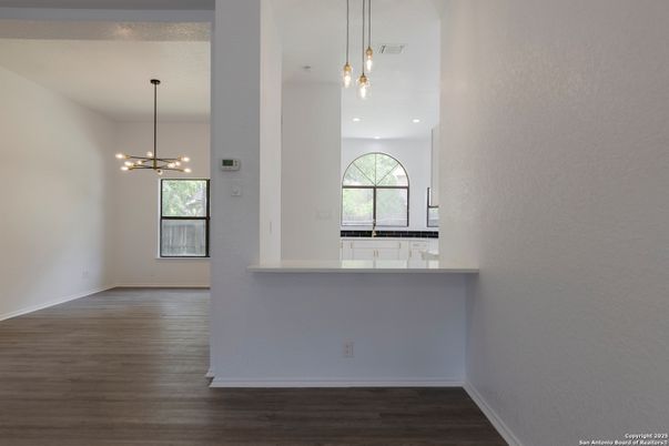 Empty room, Interior, Pendant Lights, Recessed Lighting, Wood Texture Flooring