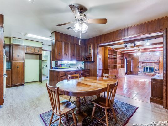 Dining room, Fireplace, Interior, Kitchen, Stone Walls, Wood Texture Flooring