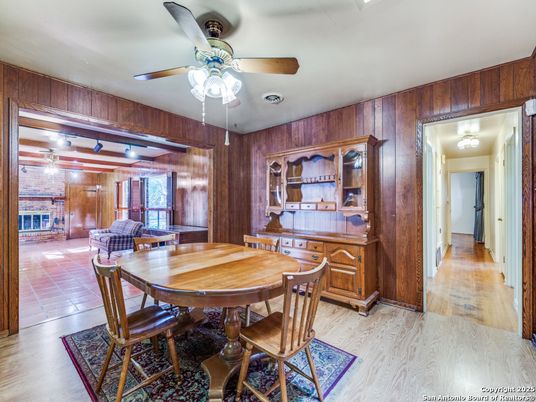 Dining room, Fireplace, Interior, Stone Walls, Wood Texture Flooring, Wooden Walls