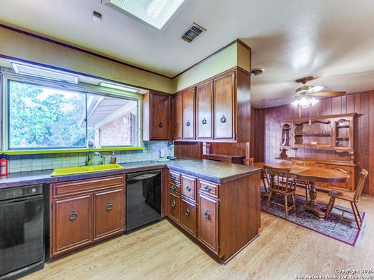 Dining room, Interior, Kitchen, Tile Countertops, Wood Texture Flooring