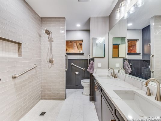 Bathroom, Dual Sink Vanities, Interior, Marble, Recessed Lighting