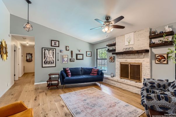 Fireplace, Interior, Pendant Lights, Stone Walls, Wood Texture Flooring