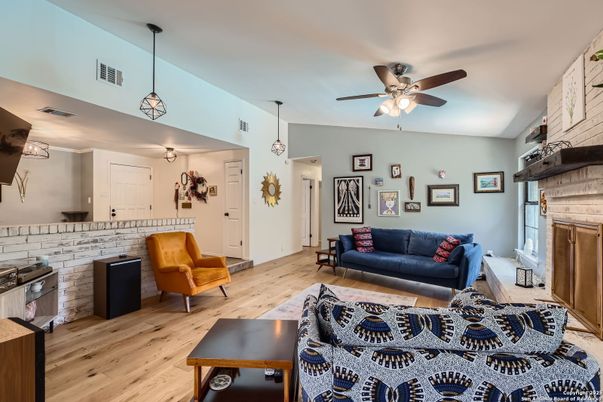 Fireplace, Interior, Pendant Lights, Stone Walls, Wood Texture Flooring