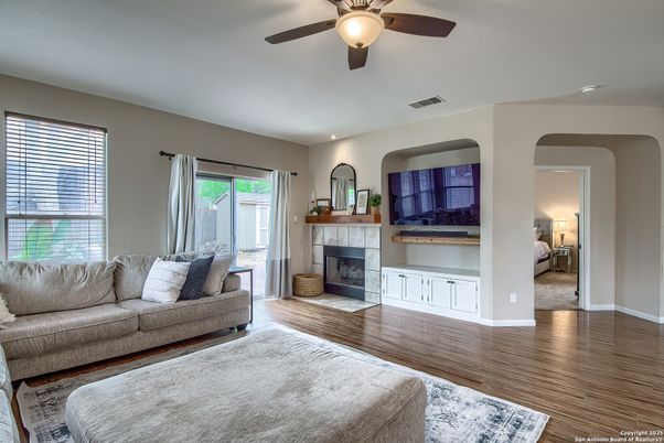 Fireplace, Interior, Living room, Recessed Lighting, Wood Texture Flooring