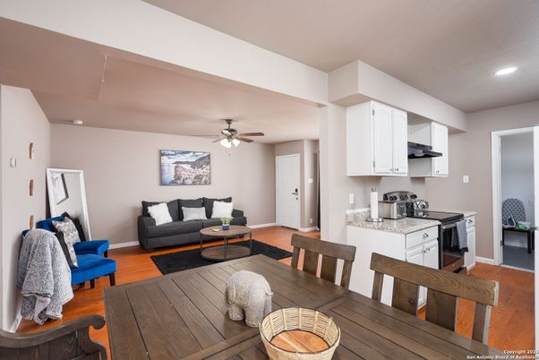 Dining room, Interior, Kitchen, Living room, Recessed Lighting, Wood Texture Flooring
