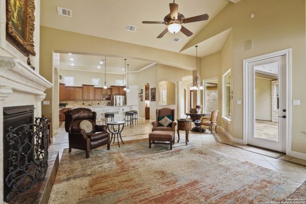 Dining room, Fireplace, Interior, Kitchen, Pendant Lights, Recessed Lighting