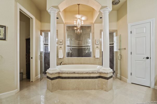 Bathroom, Chandelier, Glass Shower, Interior, Pendant Lights