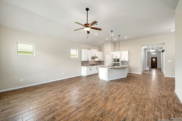 Empty room, Interior, Kitchen, Pendant Lights, Recessed Lighting, Wood Texture Flooring