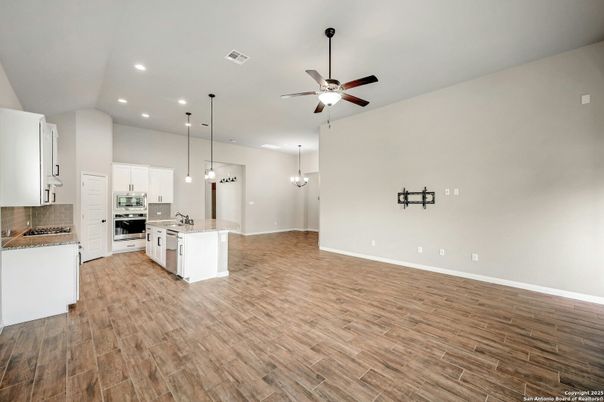 Empty room, Interior, Kitchen, Pendant Lights, Recessed Lighting, Wood Texture Flooring
