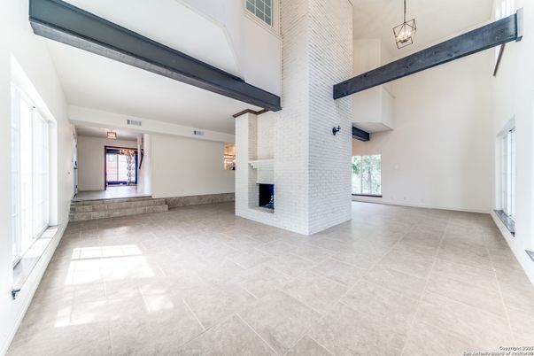 Empty room, Fireplace, Interior, Pendant Lights, Stone Walls