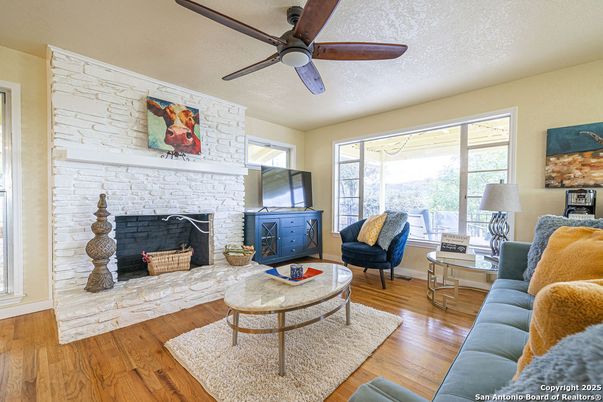 Fireplace, Interior, Living room, Stone Walls, Wood Texture Flooring