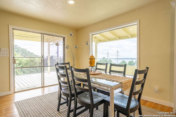 Dining room, Interior, Recessed Lighting, Wood Texture Flooring