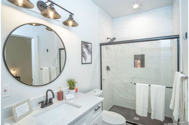 Bathroom, Glass Shower, Interior, Marble Walls, Recessed Lighting