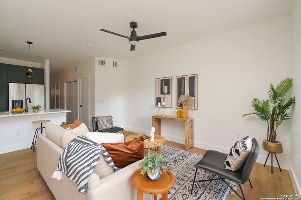 Interior, Kitchen, Living room, Pendant Lights, Wood Texture Flooring