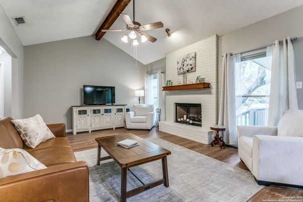 Fireplace, Interior, Living room, Stone Walls, Wooden Beams, Wood Texture Flooring