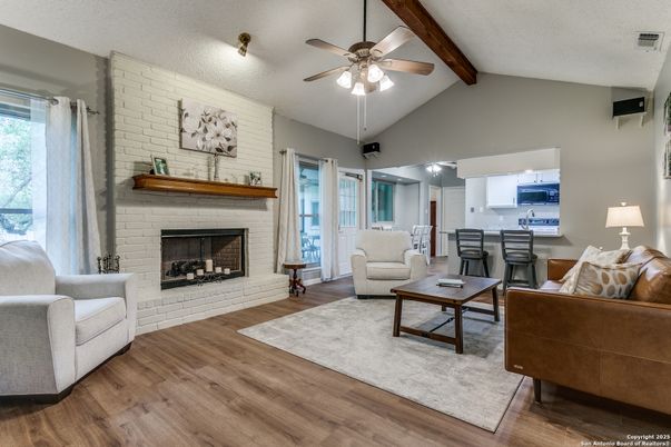 Fireplace, Interior, Kitchen, Living room, Stone Walls, Wooden Beams, Wood Texture Flooring