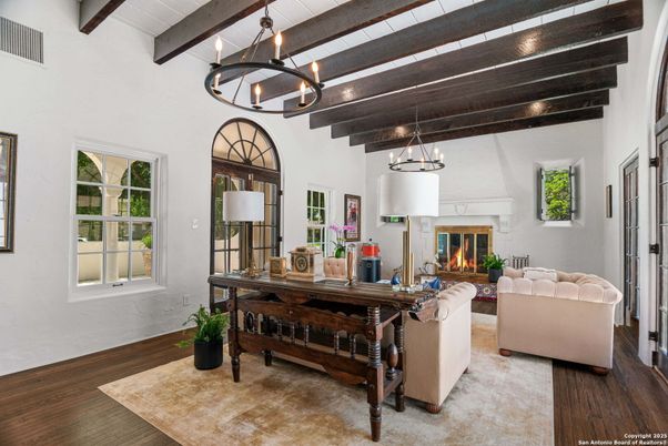 Chandelier, Fireplace, Interior, Living room, Pendant Lights, Wooden Beams, Wood Texture Flooring