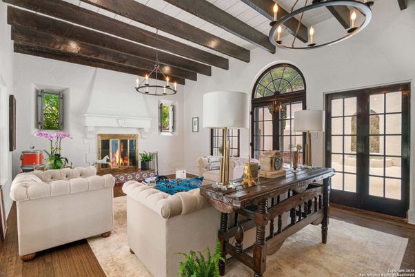 Chandelier, Fireplace, Interior, Living room, Pendant Lights, Wooden Beams, Wood Texture Flooring