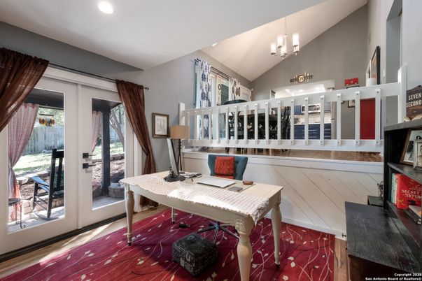 Chandelier, Home Office, Interior, Recessed Lighting, Wood Texture Flooring