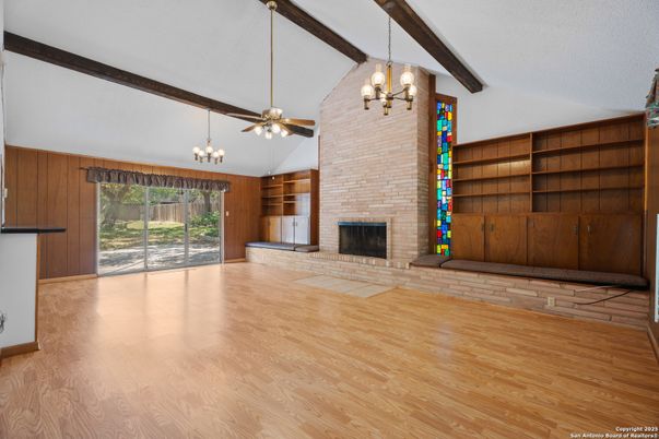 Chandelier, Empty room, Fireplace, Interior, Stone Walls, Wooden Beams, Wood Texture Flooring, Wooden Walls