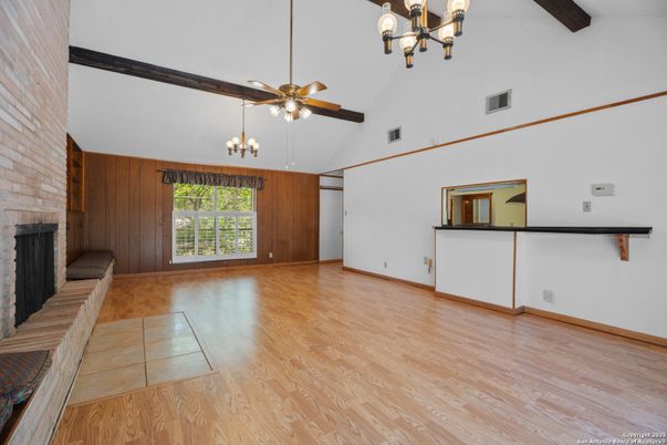 Chandelier, Empty room, Fireplace, Interior, Wooden Beams, Wood Texture Flooring