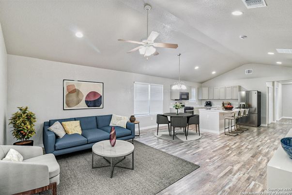 Dining room, Interior, Kitchen, Living room, Pendant Lights, Recessed Lighting, Stainless Steel Appliances, Wood Texture Flooring