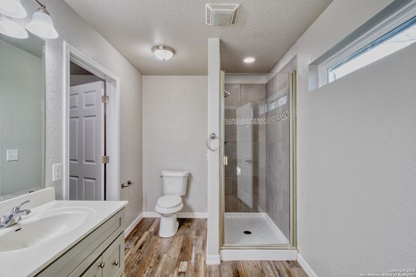 Bathroom, Glass Shower, Interior, Recessed Lighting, Wood Texture Flooring