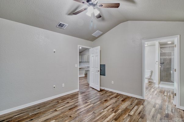 Bathroom, Empty room, Glass Shower, Interior, Kitchen, Wood Texture Flooring