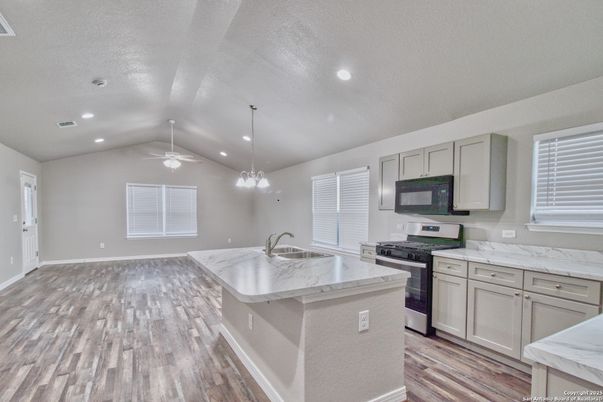 Interior, Kitchen, Pendant Lights, Recessed Lighting, Wood Texture Flooring