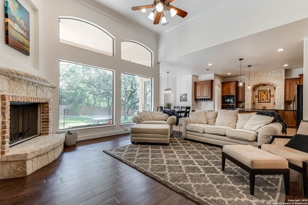 Fireplace, Interior, Kitchen, Living room, Pendant Lights, Recessed Lighting, Wood Texture Flooring