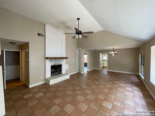 Chandelier, Empty room, Fireplace, Interior