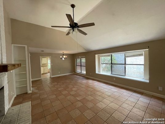 Chandelier, Empty room, Fireplace, Interior