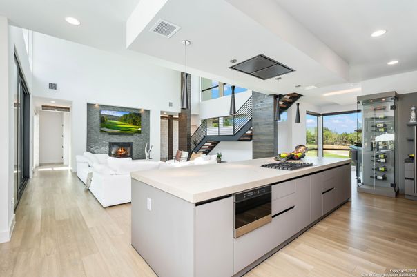 Fireplace, Interior, Kitchen, Living room, Pendant Lights, Recessed Lighting, Wood Texture Flooring