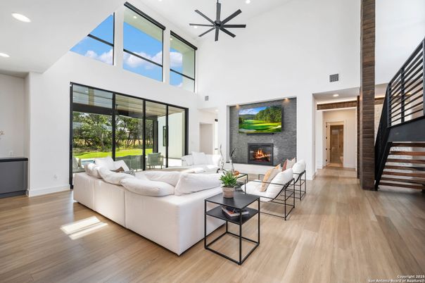 Fireplace, Interior, Living room, Pendant Lights, Recessed Lighting, Wood Texture Flooring