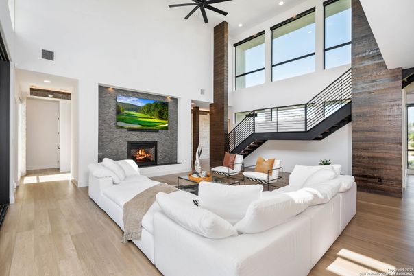Fireplace, Interior, Living room, Recessed Lighting, Wood Texture Flooring
