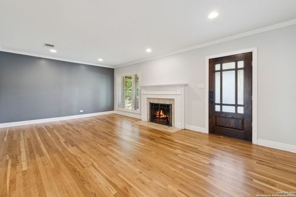 Empty room, Fireplace, Interior, Recessed Lighting, Wood Texture Flooring