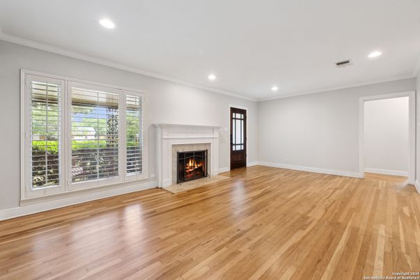 Empty room, Fireplace, Interior, Recessed Lighting, Wood Texture Flooring