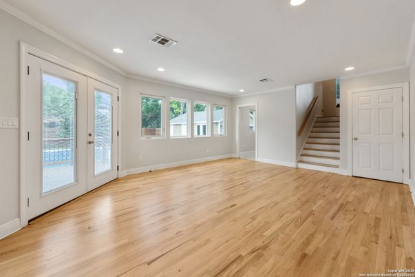 Empty room, Interior, Recessed Lighting, Wood Texture Flooring