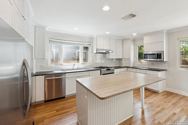 Interior, Kitchen, Recessed Lighting, Stainless Steel Appliances, Wood Texture Flooring