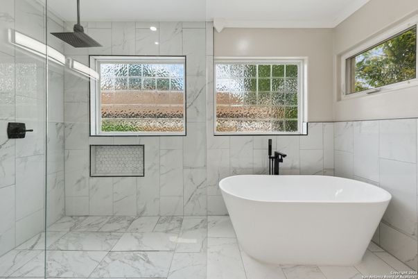 Bathroom, Free Standing Baths, Glass Shower, Interior, Marble, Marble Walls