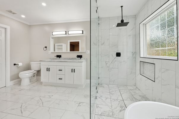 Bathroom, Dual Sink Vanities, Glass Shower, Interior, Marble, Marble Walls, Recessed Lighting
