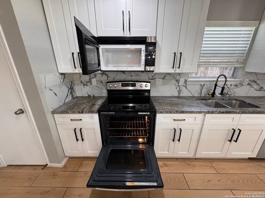 Interior, Kitchen, Marble Walls, Wood Texture Flooring
