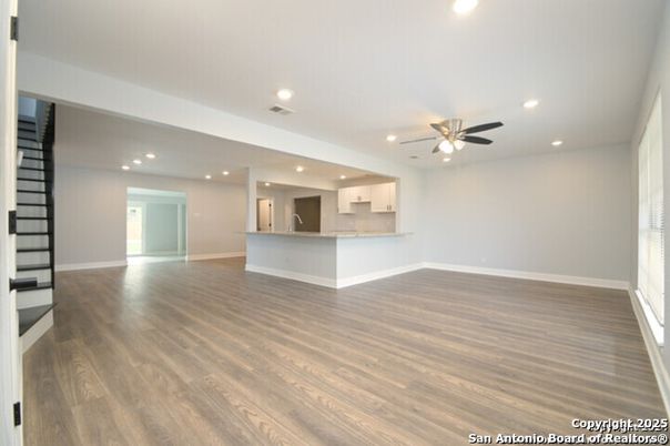 Empty room, Interior, Kitchen, Recessed Lighting, Wood Texture Flooring